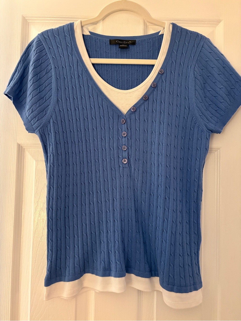 Short-Sleeve Cable Knit Tee in Blue with White Trim#0329